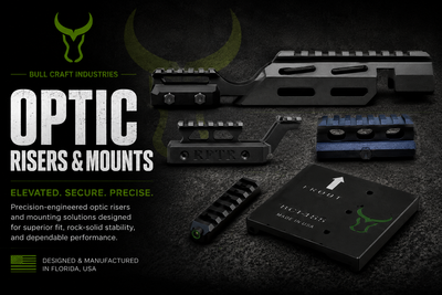 Bull Craft Industries optic risers and mounts featuring precision-engineered mounting solutions for airsoft and firearm platforms, designed and manufactured in Florida, USA.
