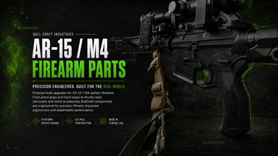 BullCraft AR-15 and M4 firearm parts collection featuring a rifle with BullCraft pistol grip and rail accessories.