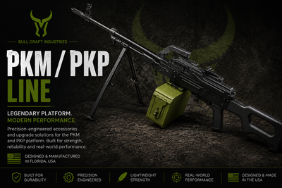 Bull Craft Industries PKM / PKP Line featuring precision-engineered airsoft accessories and upgrade components for PKM and PKP platforms, designed and manufactured in Florida, USA.