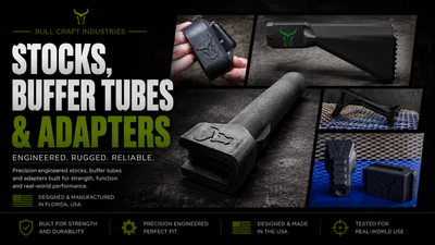 Bull Craft Industries stocks, buffer tubes and adapters including precision-engineered stock adapters, lightweight buffer tubes and platform-specific mounting solutions designed and manufactured in Florida, USA.