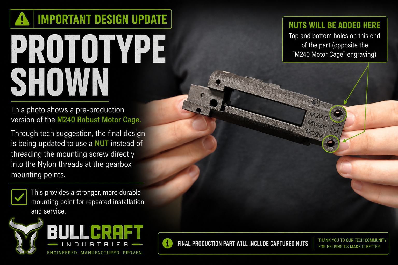 Bull Craft M240 Robust Motor Cage prototype showing updated gearbox mounting design